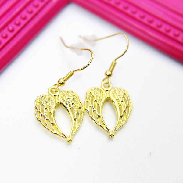 Gold Heart Guardian Angel Wings Charm Earrings, Beautiful Heart Guardian Angel Wings Earrings, Heart Guardian Angel Wings Jewelry, N2711
