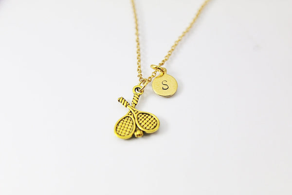 Gold Tennis Racquet Charm Necklace, Sport Charm Jewelry, Personalized Customize Monogram, N716I