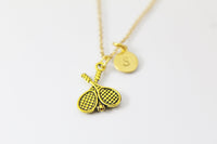 Gold Tennis Racquet Charm Necklace, Sport Charm Jewelry, Personalized Customize Monogram, N716I