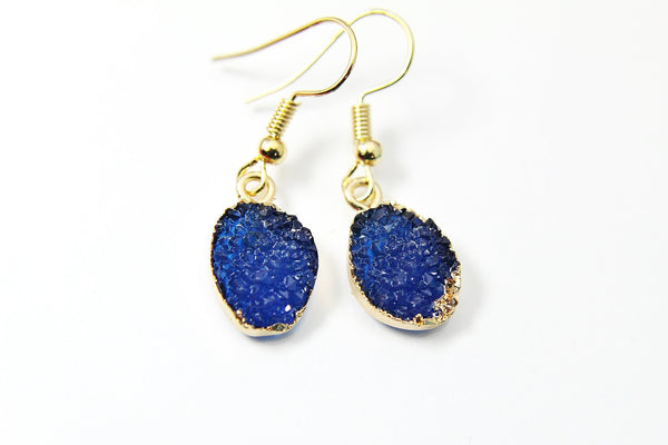 Gold Druzy Pendant Earrings, Electroplate Druzy Resin Pendants, Prussian Blue Druzy Jewelry, Granddaughter Gift, N2786
