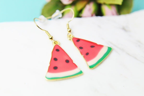 Red Watermelon Earrings, Gold Watermelon Charm Earrings, Watermelon Fruit Jewelry, Summer Fun Food, Miniature Earrings, Summer Gift, N2099E