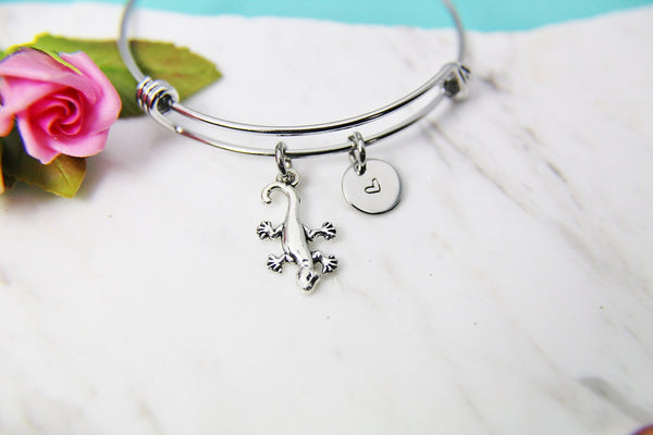 Silver Gecko Charm Bracelet, Stainless Steel Bracelet Bangle, Personalized Jewelry, N2249