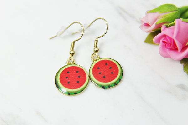 Gold Watermelon Charm Earrings, Beautiful Red Green Watermelon Earrings, Red Watermelon Slice Charm Earrings, Fruit Jewelry, N2833