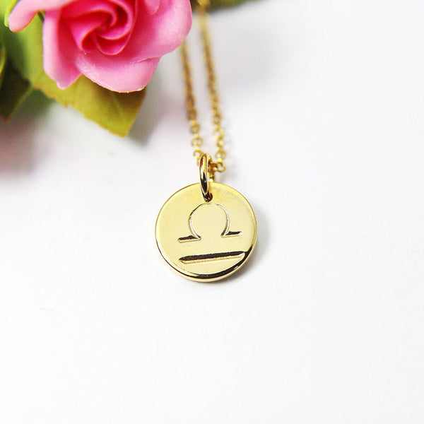 Gold Libra Charm Necklace, Small Zodiac Horoscope Charm, 18K Gold over Brass, Astrological Zodiac Signs, Zodiac Symbols, Birthday, N2836