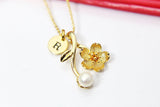 Gold Japanese Cherry Blossom Charm Necklace, 18K Gold Plated Branch Peach Charm, Hand Stamp Personalized Initial Gift, N2190