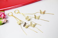 Gold Butterfly Tassel Long Earrings, Butterfly Bug Insect Jewelry, N2924