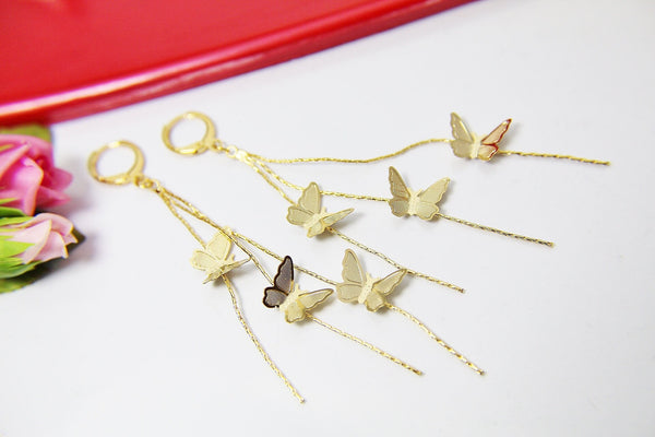 Gold Butterfly Tassel Long Earrings, Butterfly Bug Insect Jewelry, N2924