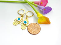 Gold Hamsa Evil Eye Earrings, Gold Hoop Blue Green Evil Eye Earrings, Kabbalah Jewish Gift, Protective Gift, N2964