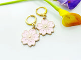 Gold Pink Japanese Cherry Blossom Earrings, Gold Hoop Pink Flower Earrings, Mother, Mom, Aunt, Sister, Daughter Earrings,N2965