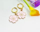Gold Pink Japanese Cherry Blossom Earrings, Gold Hoop Pink Flower Earrings, Mother, Mom, Aunt, Sister, Daughter Earrings,N2965