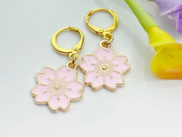 Gold Pink Japanese Cherry Blossom Earrings, Gold Hoop Pink Flower Earrings, Mother, Mom, Aunt, Sister, Daughter Earrings,N2965
