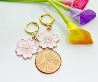 Gold Pink Japanese Cherry Blossom Earrings, Gold Hoop Pink Flower Earrings, Mother, Mom, Aunt, Sister, Daughter Earrings,N2965