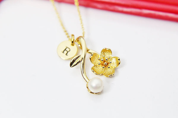 Gold Japanese Cherry Blossom Charm Necklace, 18K Gold Plated Branch Peach Charm, Hand Stamp Personalized Initial Gift, N2190