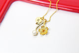 Gold Japanese Cherry Blossom Charm Necklace, 18K Gold Plated Branch Peach Charm, Hand Stamp Personalized Initial Gift, N2190