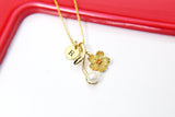 Gold Japanese Cherry Blossom Charm Necklace, 18K Gold Plated Branch Peach Charm, Hand Stamp Personalized Initial Gift, N2190