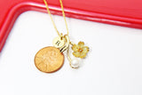 Gold Japanese Cherry Blossom Charm Necklace, 18K Gold Plated Branch Peach Charm, Hand Stamp Personalized Initial Gift, N2190