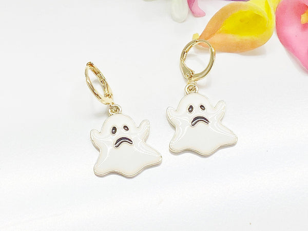 Halloween Earrings, Gold Hoop or Dangle Cute Black White Ghost Earrings, Halloween Jewelry Gift, N2986