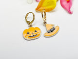 Halloween Earrings Gift, Gold Hoop or Dangle Cute Orange Pumpkin Jack O Lantern Witch Hat Earrings, Halloween Jewelry Gift, N2988