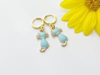 Halloween Earrings Gift, Gold Hoop or Dangle Cute Blue Mint Green Cat Earrings, Halloween Jewelry Gift, N3001