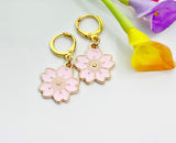 Gold Pink Japanese Cherry Blossom Earrings, Gold Hoop Pink Flower Earrings, Mother, Mom, Aunt, Sister, Daughter Earrings,N2965