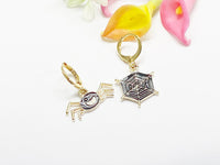 Halloween Earrings Gift, Gold Hoop or Dangle Cute Black Spider and Spider Web Earrings, Halloween Jewelry Gift, N2992