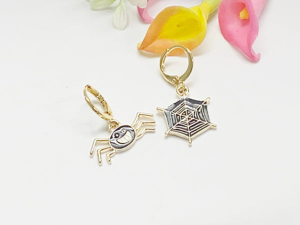 Halloween Earrings Gift, Gold Hoop or Dangle Cute Black Spider and Spider Web Earrings, Halloween Jewelry Gift, N2992