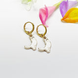 Gold Cat Earrings, Cute White Cat Charm Earrings, Playing Kitten Earrings, N3136