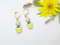 Gold Pink Yellow Cactus Pot Earrings,  Gardener Earrings, N3195