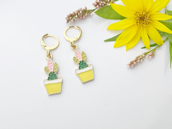 Gold Pink Yellow Cactus Pot Earrings,  Gardener Earrings, N3195