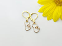 Gold White Cat Earrings, Cute Cat Dangle or Buggies Hoop Earrings, N3215