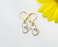 Gold White Cat Earrings, Cute Cat Dangle or Buggies Hoop Earrings, N3215