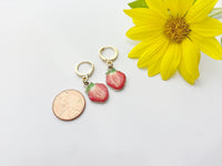 Gold Red Strawberry Earrings, Foodie Dangle or Buggies Hoop Earrings, N3217