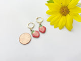 Gold Red Strawberry Earrings, Foodie Dangle or Buggies Hoop Earrings, N3217