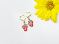 Gold Strawberry Earrings, Red Strawberry Foodie Dangle or Buggies Hoop Earrings, N3218
