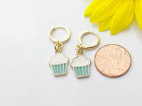 Gold Cute Cupcake Earrings, Blue Pale Turquoise Cupcake Foodie Dangle or Buggies Hoop Earrings, N3219