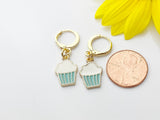 Gold Cute Cupcake Earrings, Blue Pale Turquoise Cupcake Foodie Dangle or Buggies Hoop Earrings, N3219