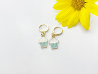 Gold Cute Cupcake Earrings, Blue Pale Turquoise Cupcake Foodie Dangle or Buggies Hoop Earrings, N3219