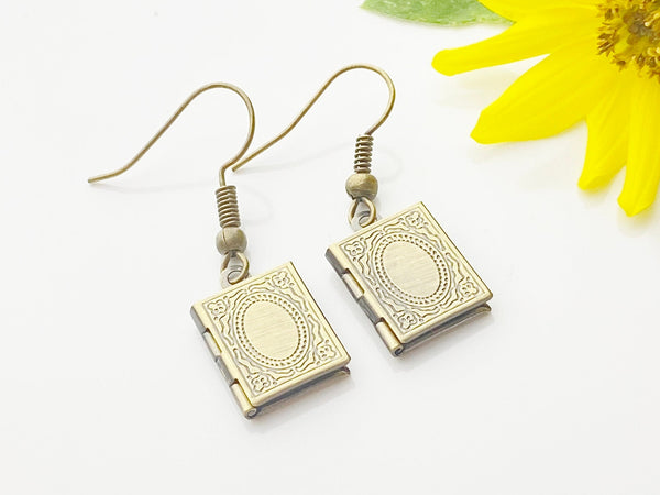 Bronze Book Locket Earrings, Cute Bronze Book Locket Dangle Earrings, N3246