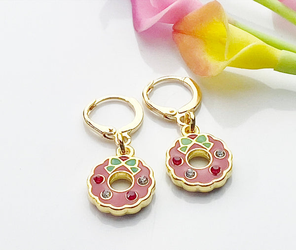 Gold Wreath Earrings, Red Green Wreath Flower Jewelry, N3256