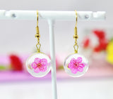 Pink Press Flower, Gold Real Dried Flower Earrings, N3271