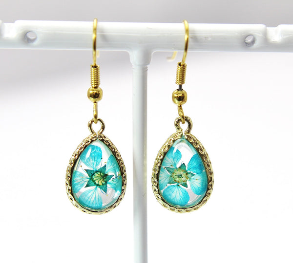 Gold Blue Wild Flower Earrings, Press Flower, Mother's Day Gift, Mother Earrings, Mother Daughter Gift, Gardener Gift, Forget me not,N3278