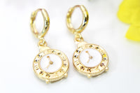 Gold Clock Earrings, Hoop or Stud or Dangle Earrings in Option N3286
