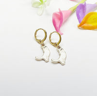 Gold Cat Earrings, Cute White Cat Charm Earrings, Playing Kitten Earrings, N3136