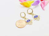 Lucky Earrings, Gold Blue Evil Eye Earrings, Lucky Hamsa Blue Evil Eye Charm Earrings, Protection Gift, N3142
