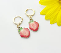 Gold Red Strawberry Earrings, Foodie Dangle or Buggies Hoop Earrings, N3217
