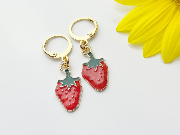Gold Strawberry Earrings, Red Strawberry Foodie Dangle or Buggies Hoop Earrings, N3218