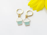 Gold Cute Cupcake Earrings, Blue Pale Turquoise Cupcake Foodie Dangle or Buggies Hoop Earrings, N3219