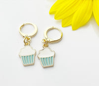 Gold Cute Cupcake Earrings, Blue Pale Turquoise Cupcake Foodie Dangle or Buggies Hoop Earrings, N3219