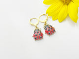 Gold Ladybug Earrings, Cute Red Black Ladybug Insect Dangle or Buggies Hoop Earrings, N3242