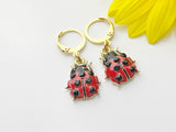 Gold Ladybug Dangle Earrings, Red Enamel Insect Charm